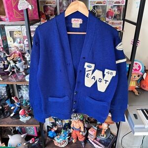 Vintage Badger East 45 Varsity Wool Cardigan Sweater Men’s S Blue 40s?